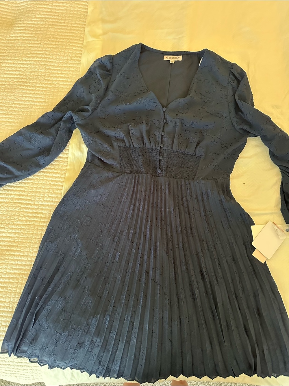 Nanette Lepore Navy Long-Sleeve Pleated V-Neck Dress